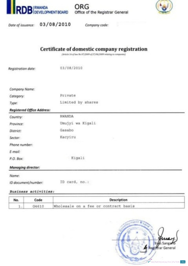 Download Rwanda Certificate of domestic company registration Photoshop template